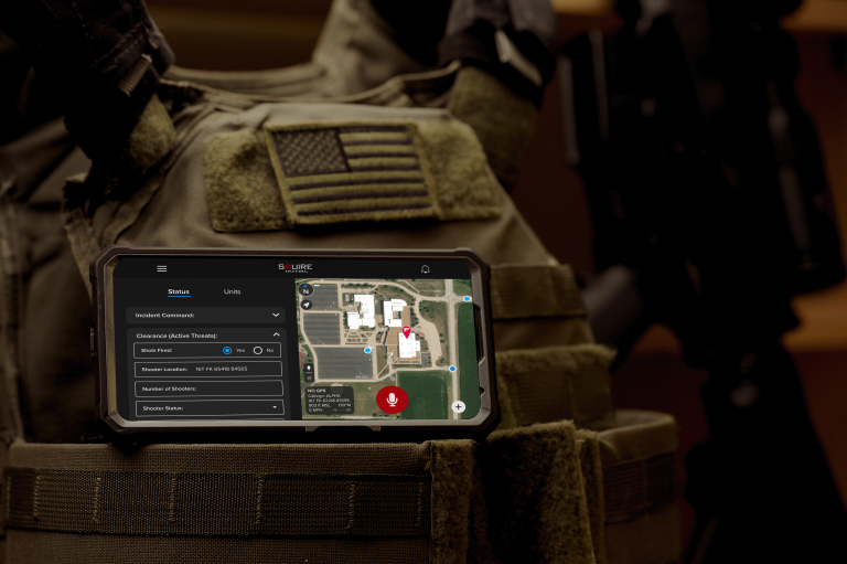 Mobile device displaying an example of Squire Solution interface on tactical gear.