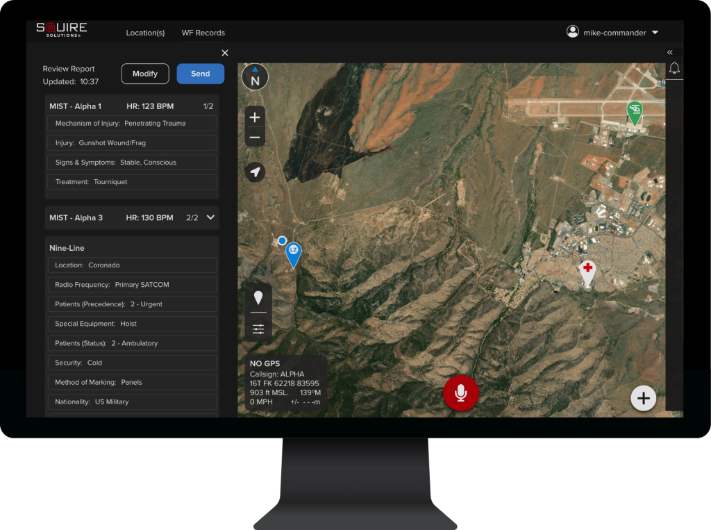Squire's MEDEVAC module displayed on desktop screen showing Landing zone, Helo and hospital locations on map