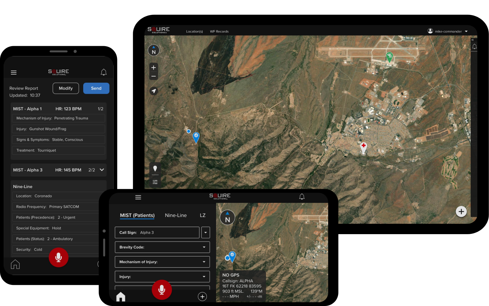 Squire's MEDEVAC module displayed on desktop and phone screens showing Landing zone, Helo and hospital locations on map